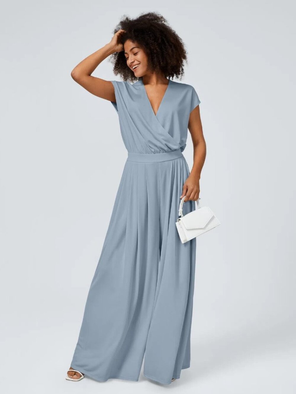 XL Quiet Blue V Neck Short Sleeve Side Pocket Wide Leg Flowy Waffle Jumpsuit